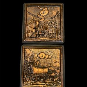Pair of Vintage 1966 Miller Studio 3D Train & Covered Wagon Wall Plaques Decor